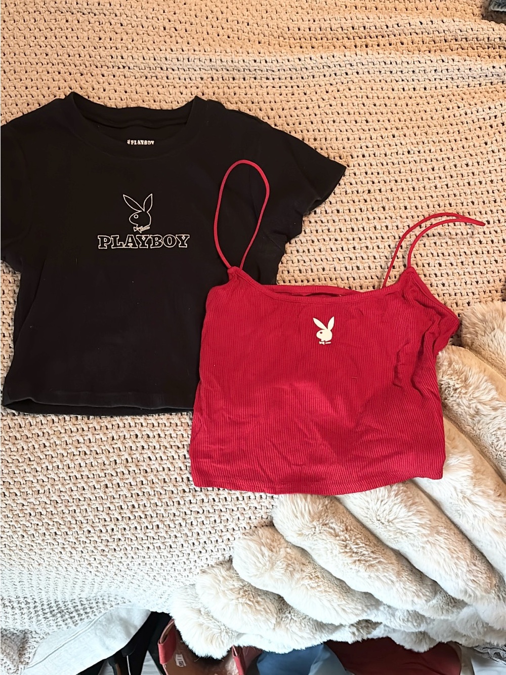Playboy Black Graphic Tee & Red Ribbed Tank Set